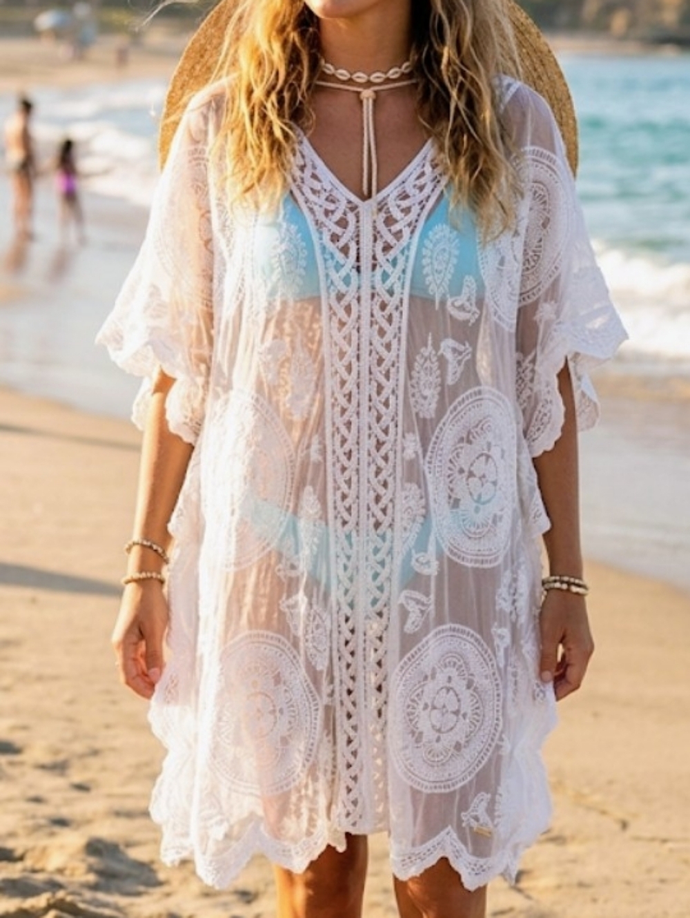 White Lace With Braided Embroidery Beach Cover Up/Kimono (Free Size)